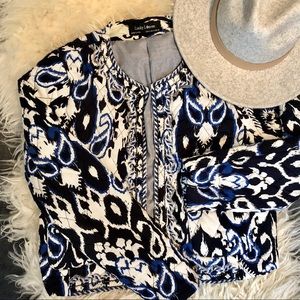 Ikat and silver thread detailed padded jacket